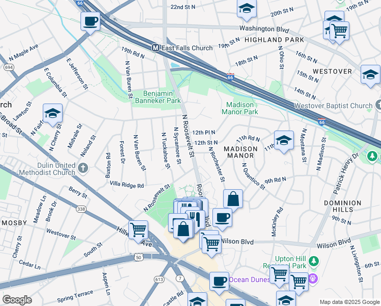 map of restaurants, bars, coffee shops, grocery stores, and more near 1006 North Roosevelt Street in Falls Church