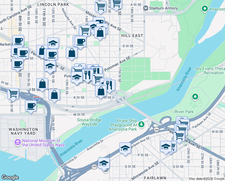 map of restaurants, bars, coffee shops, grocery stores, and more near 1600 Pennsylvania Avenue Southeast in Washington