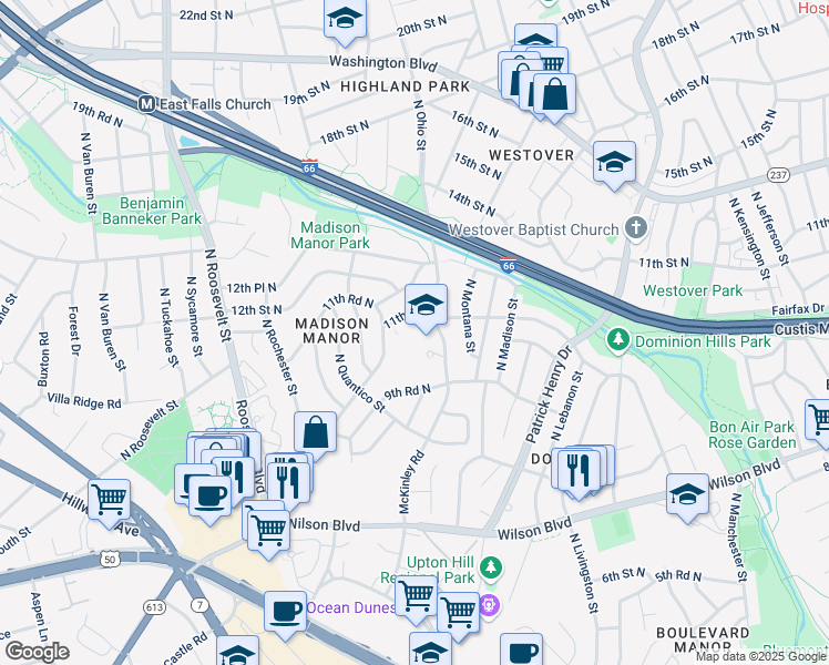 map of restaurants, bars, coffee shops, grocery stores, and more near 1030 North McKinley Road in Arlington