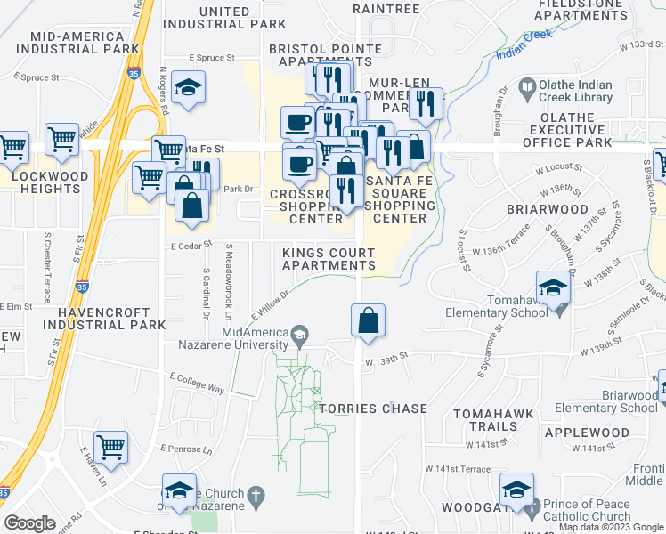 map of restaurants, bars, coffee shops, grocery stores, and more near 2306 East Willow Drive in Olathe