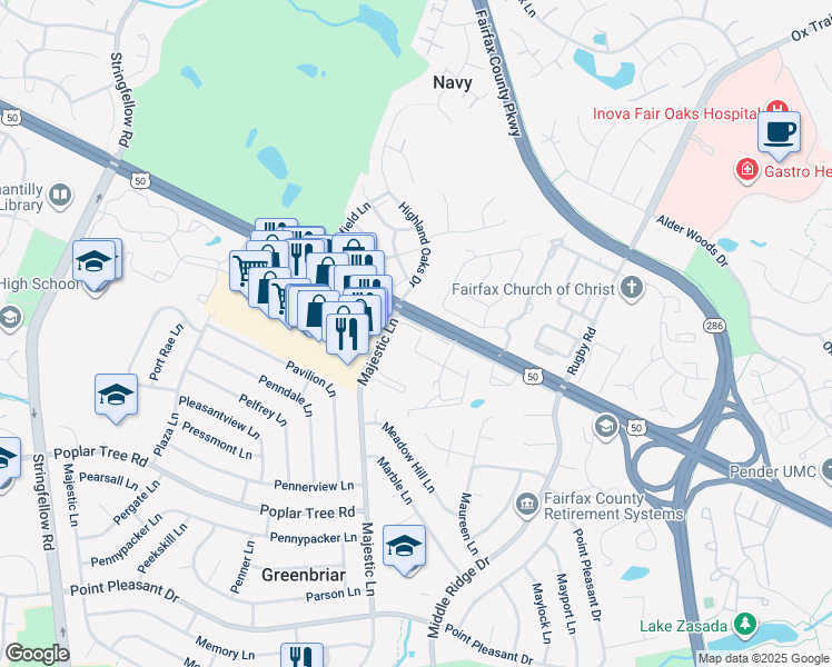 map of restaurants, bars, coffee shops, grocery stores, and more near 12975 Ridgemist Lane in Fairfax