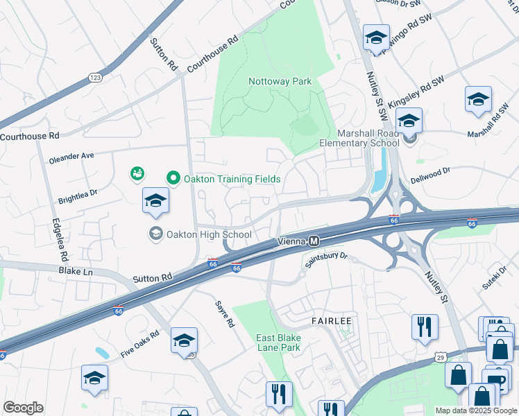 map of restaurants, bars, coffee shops, grocery stores, and more near 2715 Shawn Leigh Drive in Vienna