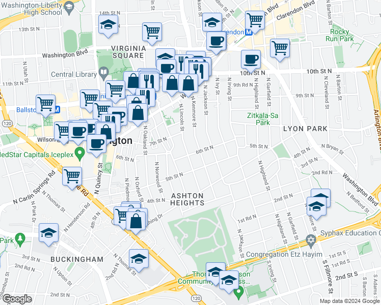 map of restaurants, bars, coffee shops, grocery stores, and more near 601 North Lincoln Street in Arlington