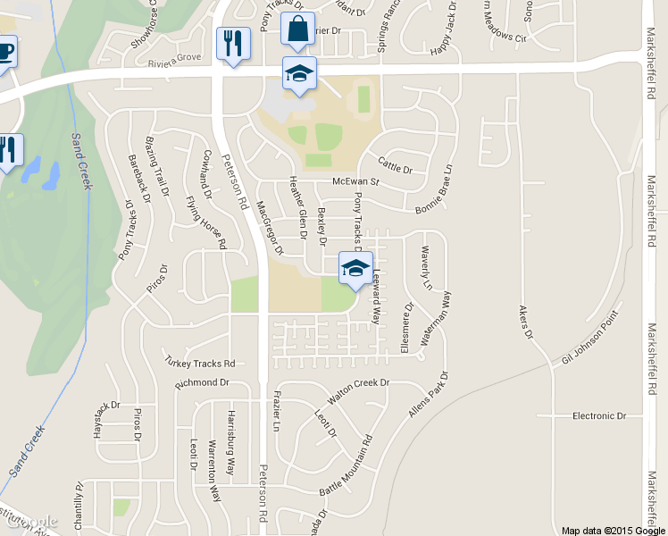 map of restaurants, bars, coffee shops, grocery stores, and more near 3306 Bexley Drive in Colorado Springs