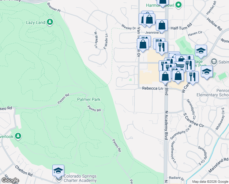 map of restaurants, bars, coffee shops, grocery stores, and more near 3410 Parkmoor Village Drive in Colorado Springs