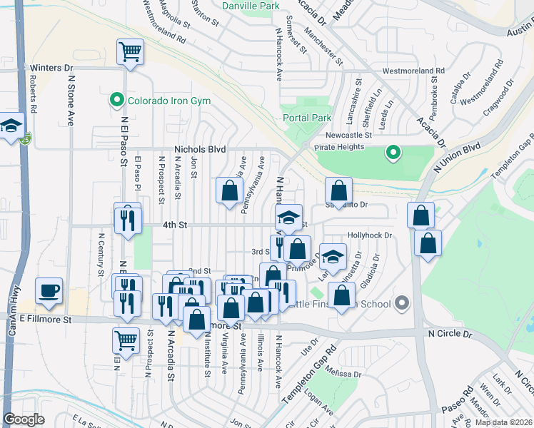 map of restaurants, bars, coffee shops, grocery stores, and more near 3132 North Hancock Avenue in Colorado Springs