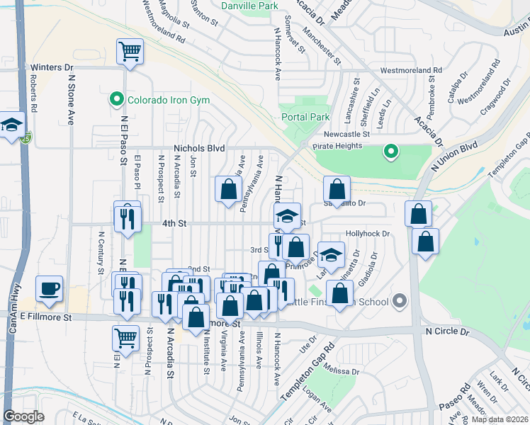 map of restaurants, bars, coffee shops, grocery stores, and more near 3132 North Hancock Avenue in Colorado Springs