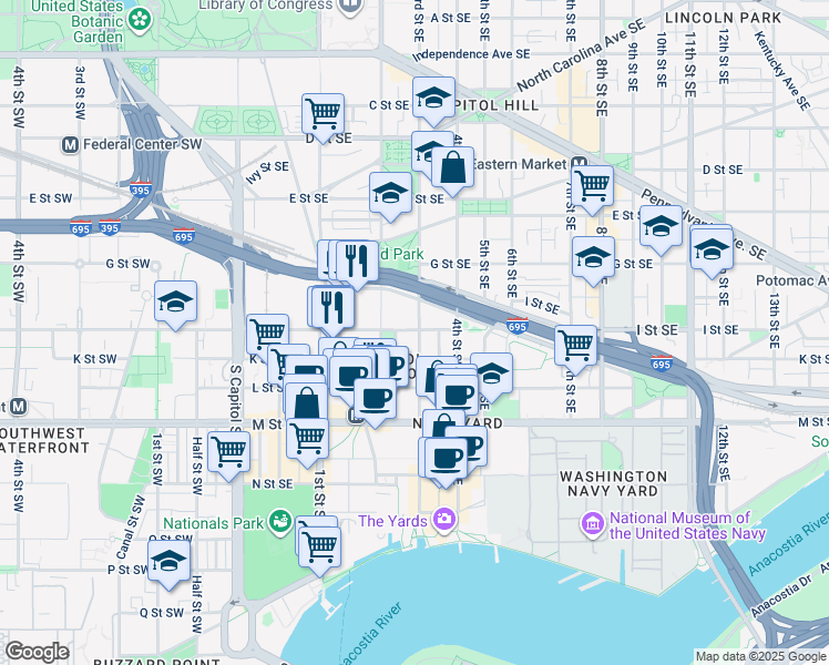 map of restaurants, bars, coffee shops, grocery stores, and more near 909 3rd Place Southeast in Washington