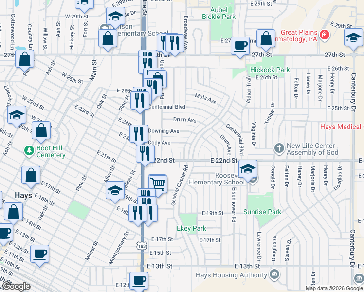 map of restaurants, bars, coffee shops, grocery stores, and more near 1205 East 22nd Street in Hays