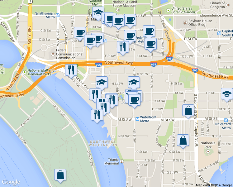 map of restaurants, bars, coffee shops, grocery stores, and more near 907 6th Street Southwest in Washington