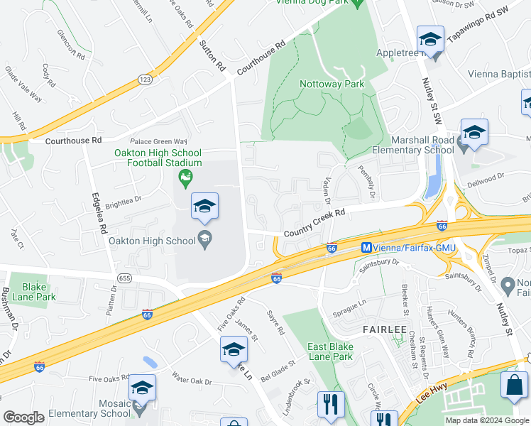 map of restaurants, bars, coffee shops, grocery stores, and more near 2883 Sutton Oaks Lane in Vienna