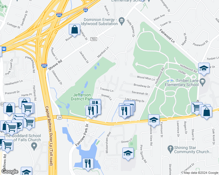 map of restaurants, bars, coffee shops, grocery stores, and more near 2791 Middlecoff Place in Falls Church