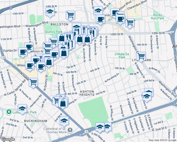 map of restaurants, bars, coffee shops, grocery stores, and more near 601 North Lincoln Street in Arlington