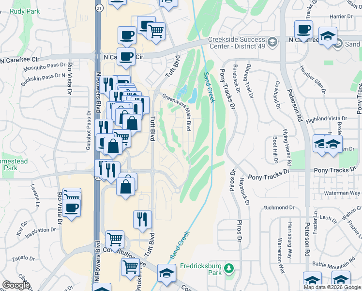 map of restaurants, bars, coffee shops, grocery stores, and more near 3501-3525 Tutt Boulevard in Colorado Springs