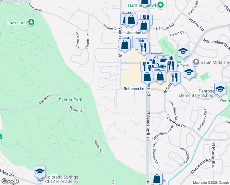 map of restaurants, bars, coffee shops, grocery stores, and more near 3578 Parkmoor Village Drive in Colorado Springs