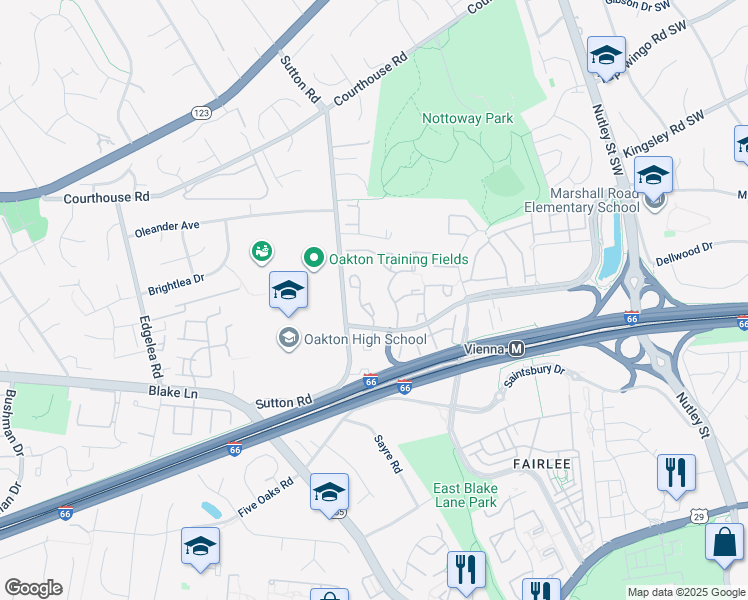 map of restaurants, bars, coffee shops, grocery stores, and more near 2883 Sutton Oaks Lane in Vienna