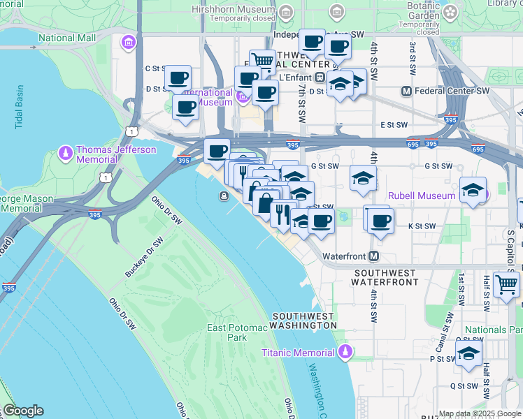 map of restaurants, bars, coffee shops, grocery stores, and more near 770 Maine Avenue Southwest in Washington