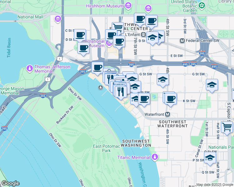 map of restaurants, bars, coffee shops, grocery stores, and more near 45 Sutton Square Southwest in Washington