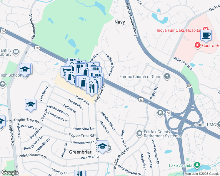 map of restaurants, bars, coffee shops, grocery stores, and more near 12975 Ridgemist Lane in Fairfax