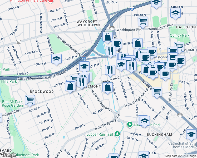 map of restaurants, bars, coffee shops, grocery stores, and more near 4809 8th Road North in Arlington