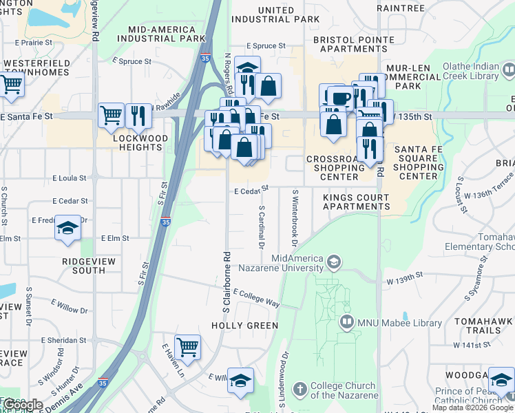 map of restaurants, bars, coffee shops, grocery stores, and more near 315 South Cardinal Drive in Olathe