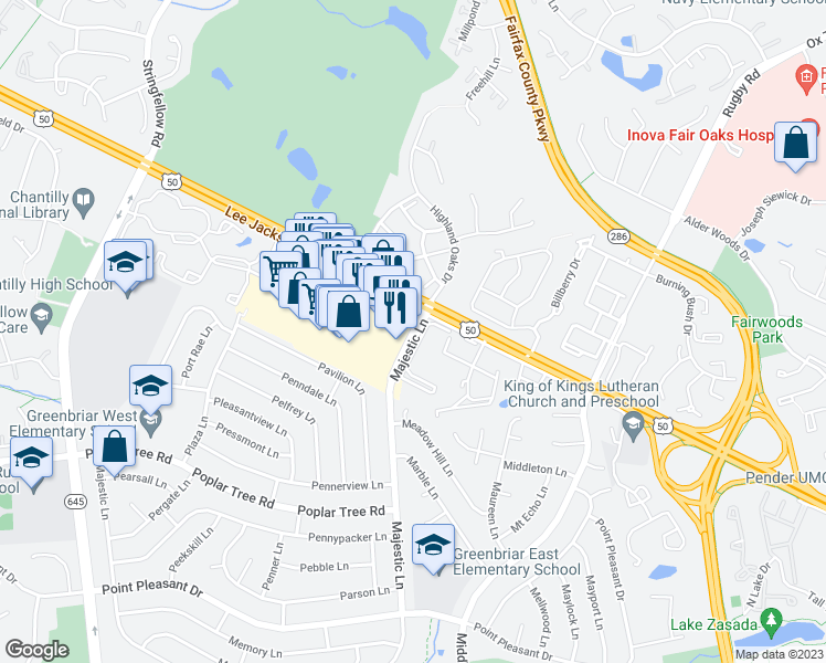 map of restaurants, bars, coffee shops, grocery stores, and more near 4020 Majestic Lane in Fairfax
