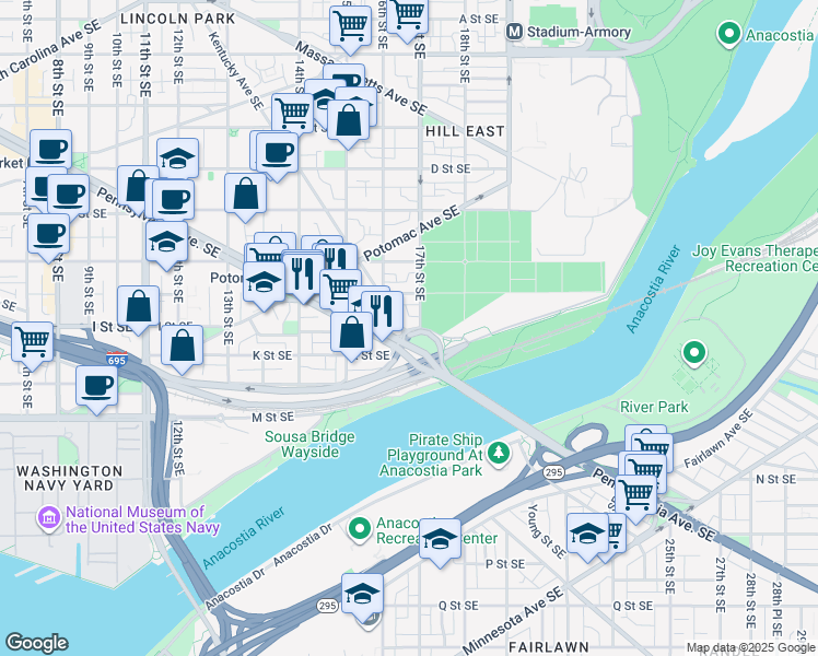 map of restaurants, bars, coffee shops, grocery stores, and more near 1600 Pennsylvania Avenue Southeast in Washington