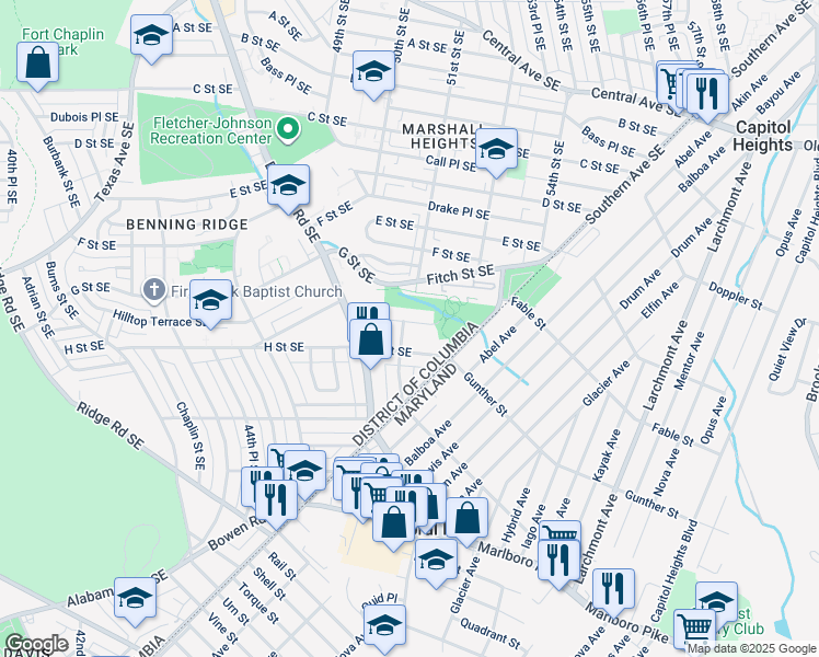 map of restaurants, bars, coffee shops, grocery stores, and more near 722 51st Street Southeast in Washington