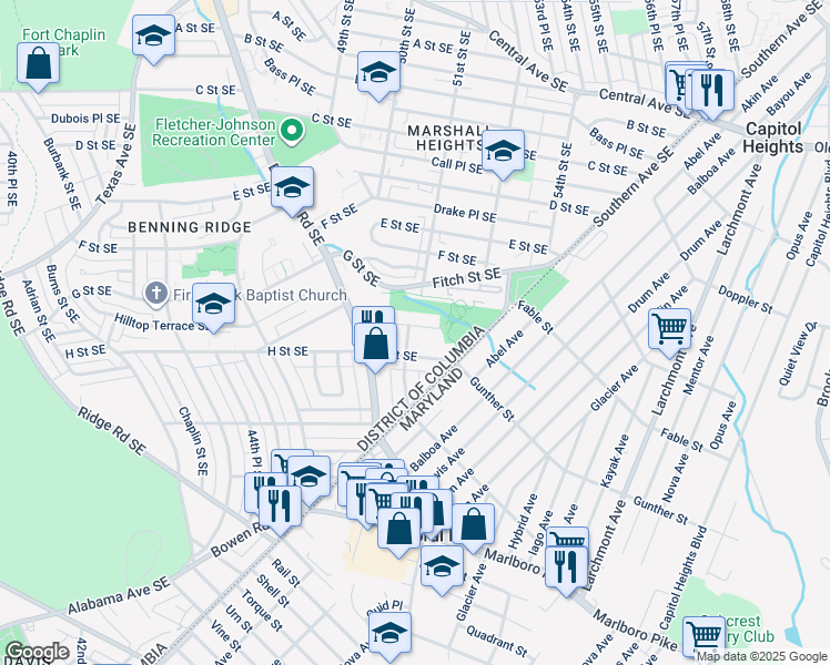 map of restaurants, bars, coffee shops, grocery stores, and more near 722 51st Street Southeast in Washington