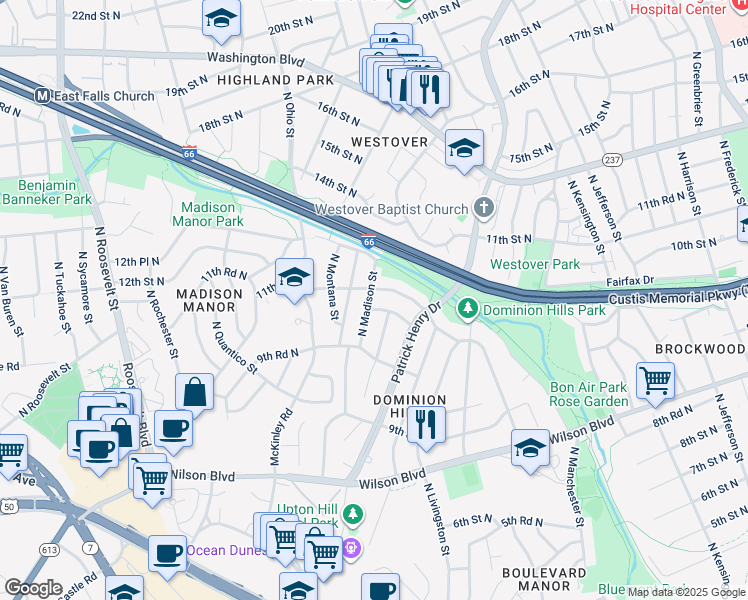 map of restaurants, bars, coffee shops, grocery stores, and more near 1005 North Madison Street in Arlington