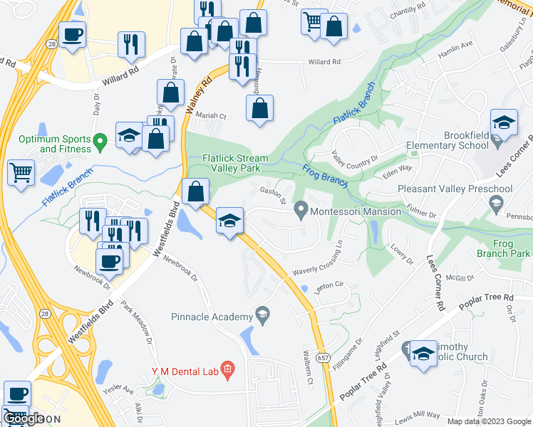 map of restaurants, bars, coffee shops, grocery stores, and more near 14093 Eagle Chase Circle in Chantilly