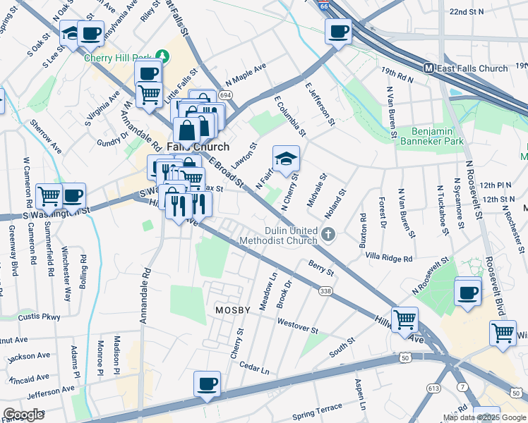 map of restaurants, bars, coffee shops, grocery stores, and more near 312 East Broad Street in Falls Church