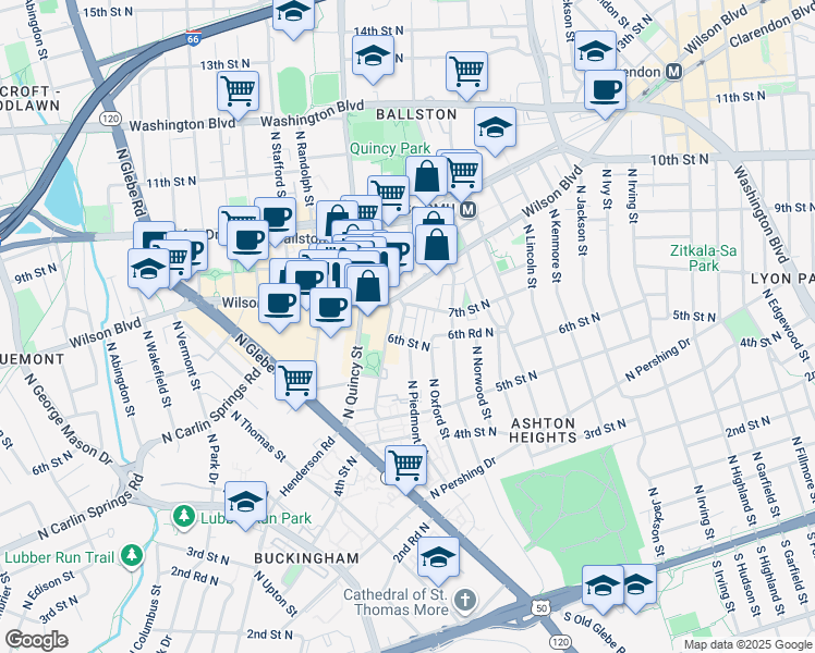map of restaurants, bars, coffee shops, grocery stores, and more near 611 Piedmont Street in Arlington