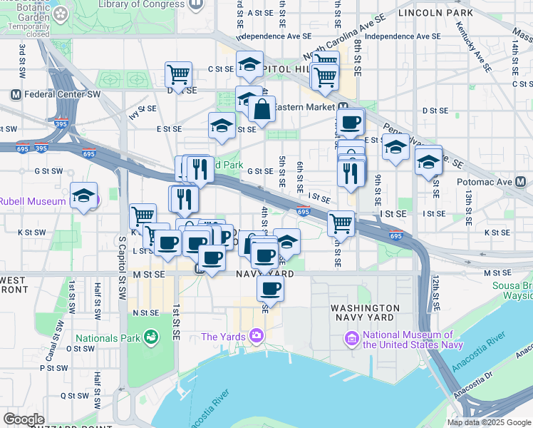 map of restaurants, bars, coffee shops, grocery stores, and more near 413 I Street Southeast in Washington