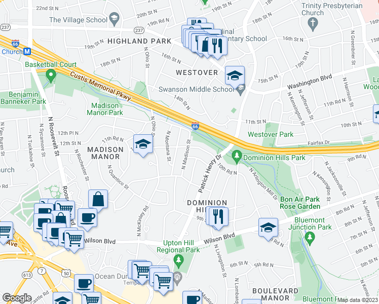 map of restaurants, bars, coffee shops, grocery stores, and more near 1005 North Madison Street in Arlington