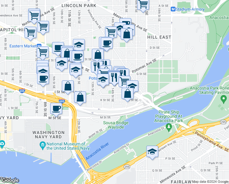 map of restaurants, bars, coffee shops, grocery stores, and more near 928 14th Street Southeast in Washington