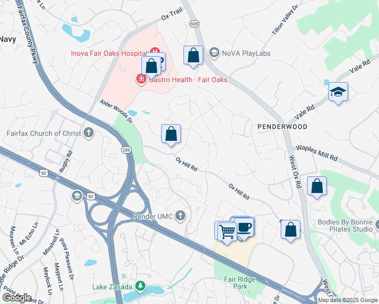 map of restaurants, bars, coffee shops, grocery stores, and more near 12507 Charles Stewart Court in Fairfax