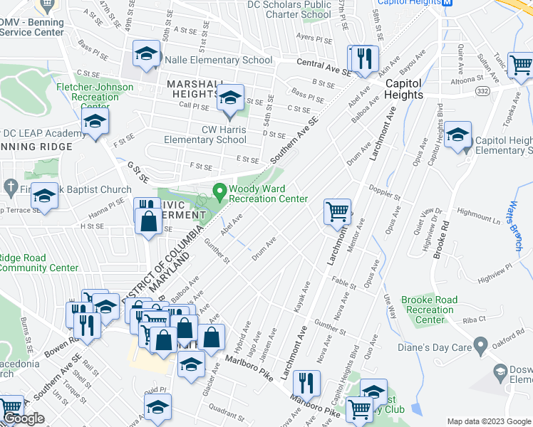map of restaurants, bars, coffee shops, grocery stores, and more near 836 Balboa Avenue in Capitol Heights