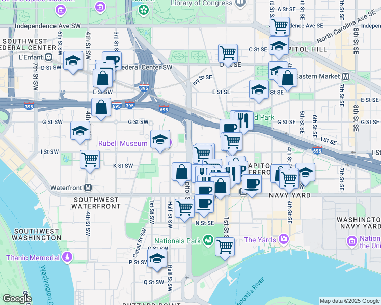 map of restaurants, bars, coffee shops, grocery stores, and more near 8 I Street Southeast in Washington