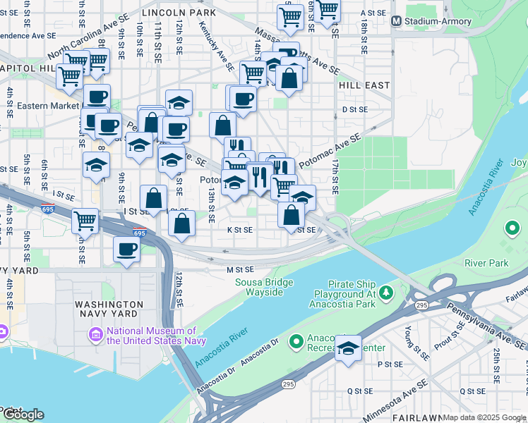 map of restaurants, bars, coffee shops, grocery stores, and more near 928 14th Street Southeast in Washington