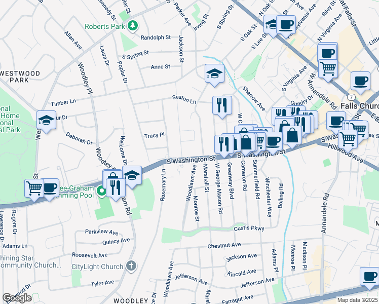map of restaurants, bars, coffee shops, grocery stores, and more near 1130 South Washington Street in Falls Church