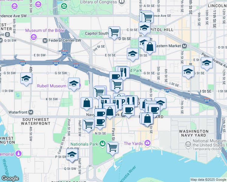 map of restaurants, bars, coffee shops, grocery stores, and more near 150 I Street Southeast in Washington