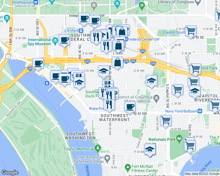 map of restaurants, bars, coffee shops, grocery stores, and more near 4th Street Southwest & I Street Southwest in Washington