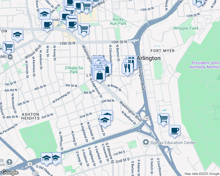 map of restaurants, bars, coffee shops, grocery stores, and more near 406 North Bryan Street in Arlington
