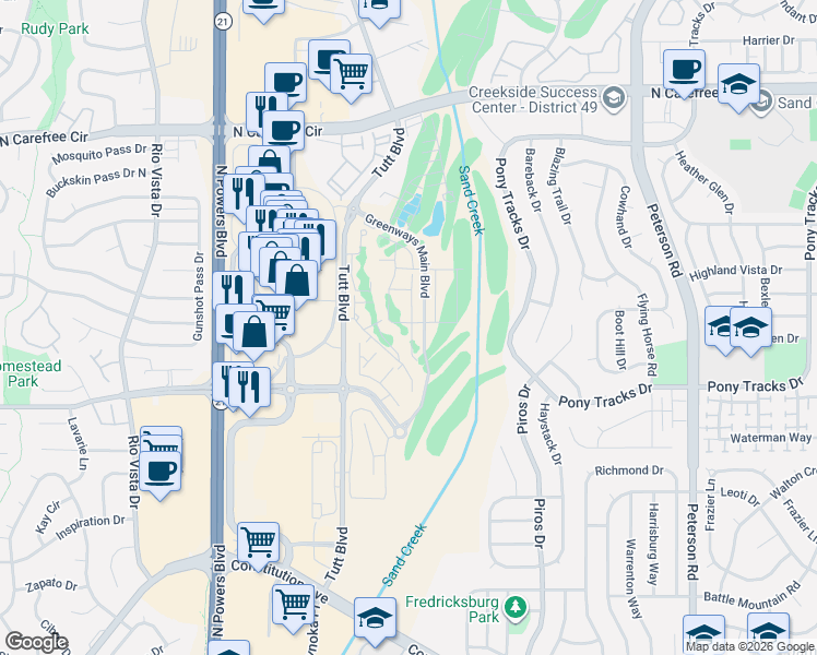 map of restaurants, bars, coffee shops, grocery stores, and more near 3527-3623 Tutt Boulevard in Colorado Springs