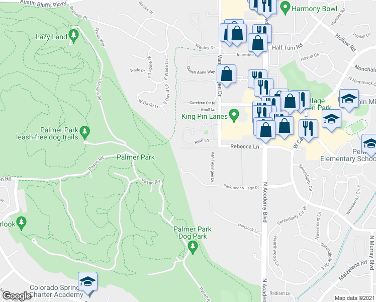 map of restaurants, bars, coffee shops, grocery stores, and more near 3690 Knoll Lane in Colorado Springs