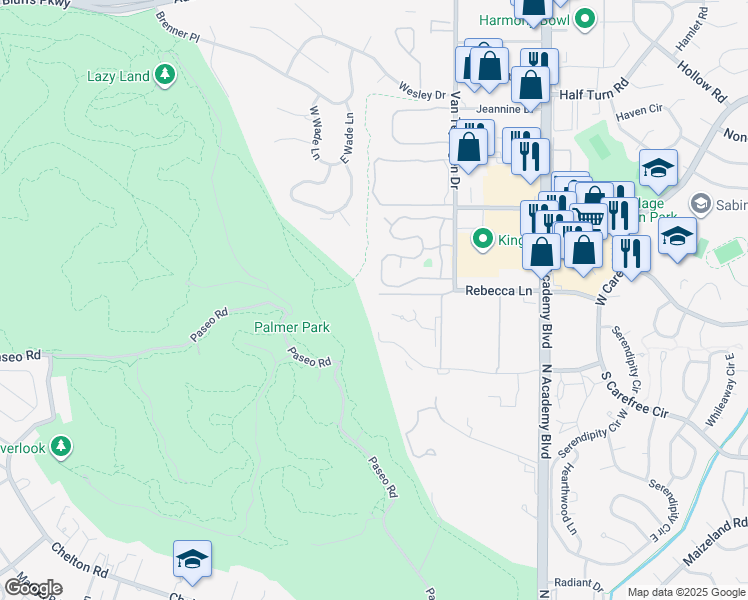 map of restaurants, bars, coffee shops, grocery stores, and more near 3665 Knoll Lane in Colorado Springs