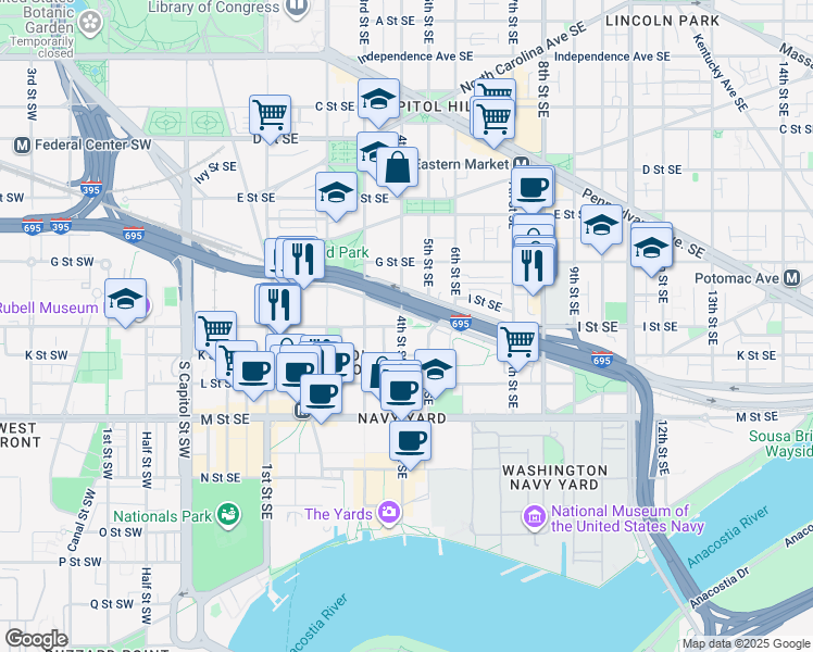 map of restaurants, bars, coffee shops, grocery stores, and more near 101 Independence Avenue Southeast in Washington
