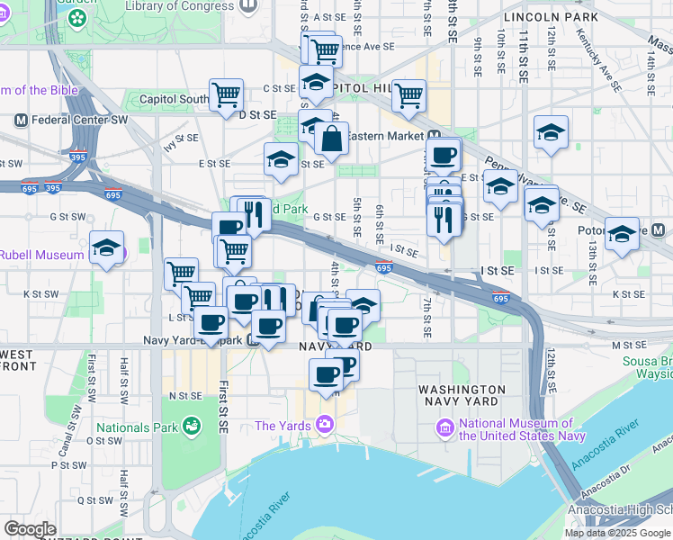 map of restaurants, bars, coffee shops, grocery stores, and more near 101 Independence Avenue Southeast in Washington