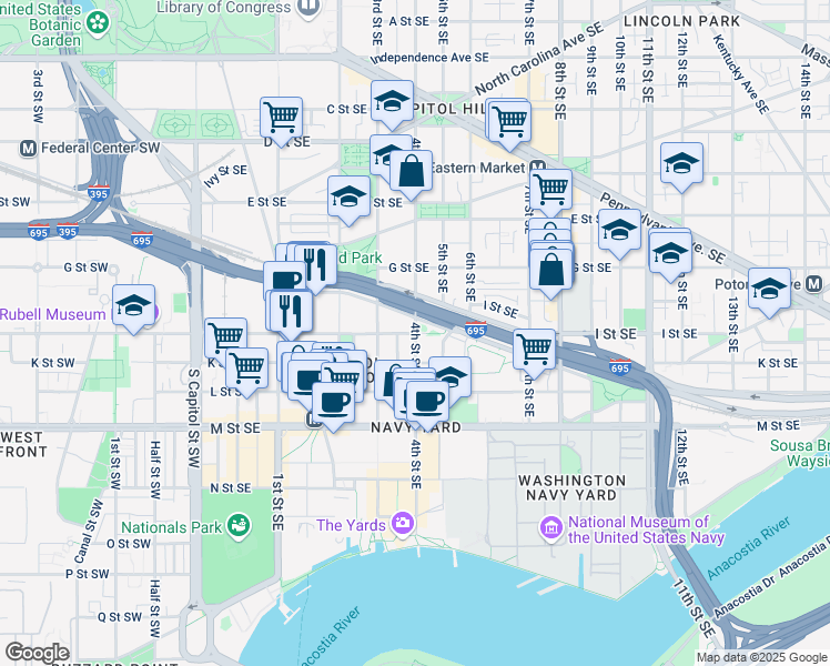 map of restaurants, bars, coffee shops, grocery stores, and more near 101 Independence Avenue Southeast in Washington